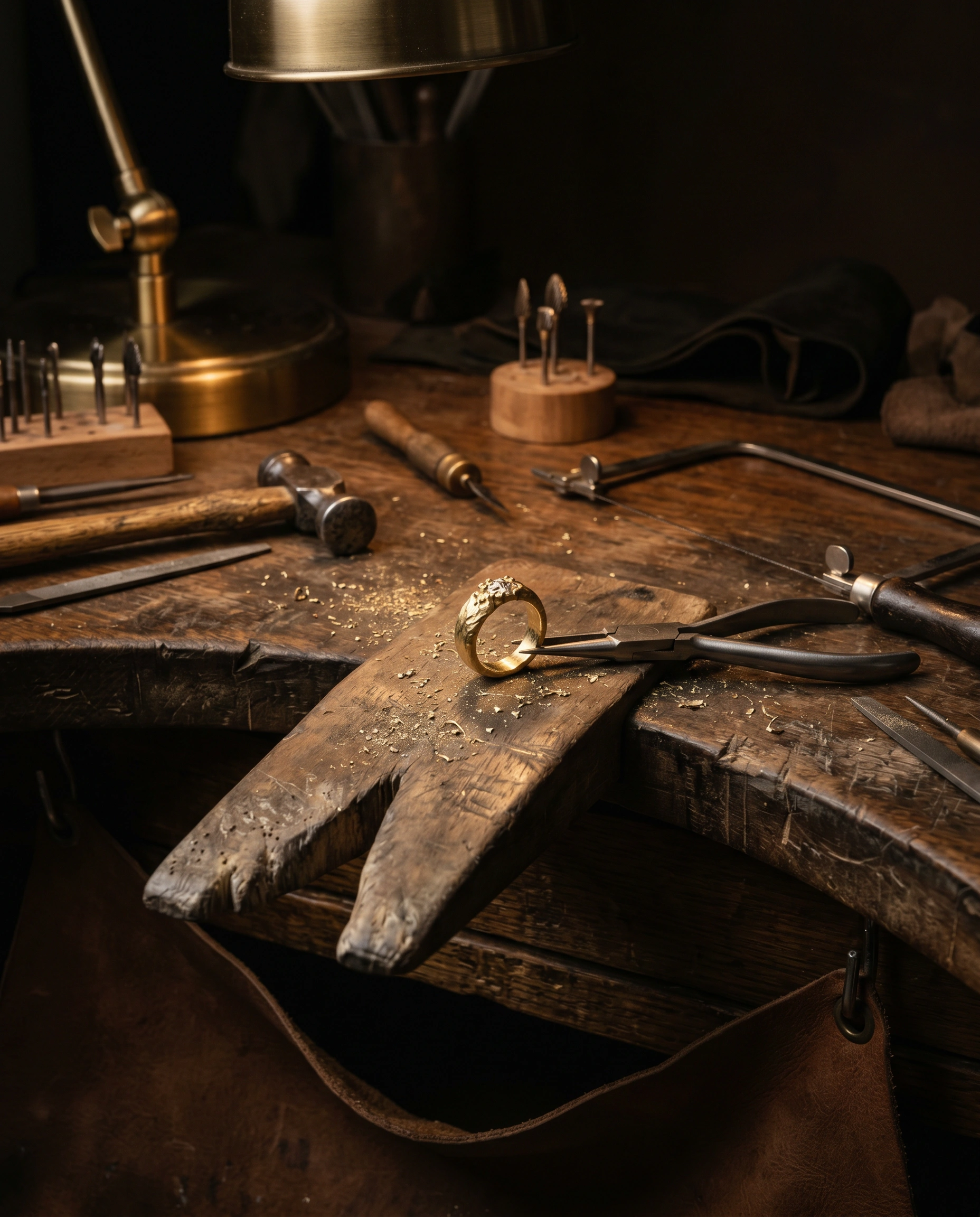 De werkbank in het atelier van Inge Zegers, met gereedschap en een sieraad in wording