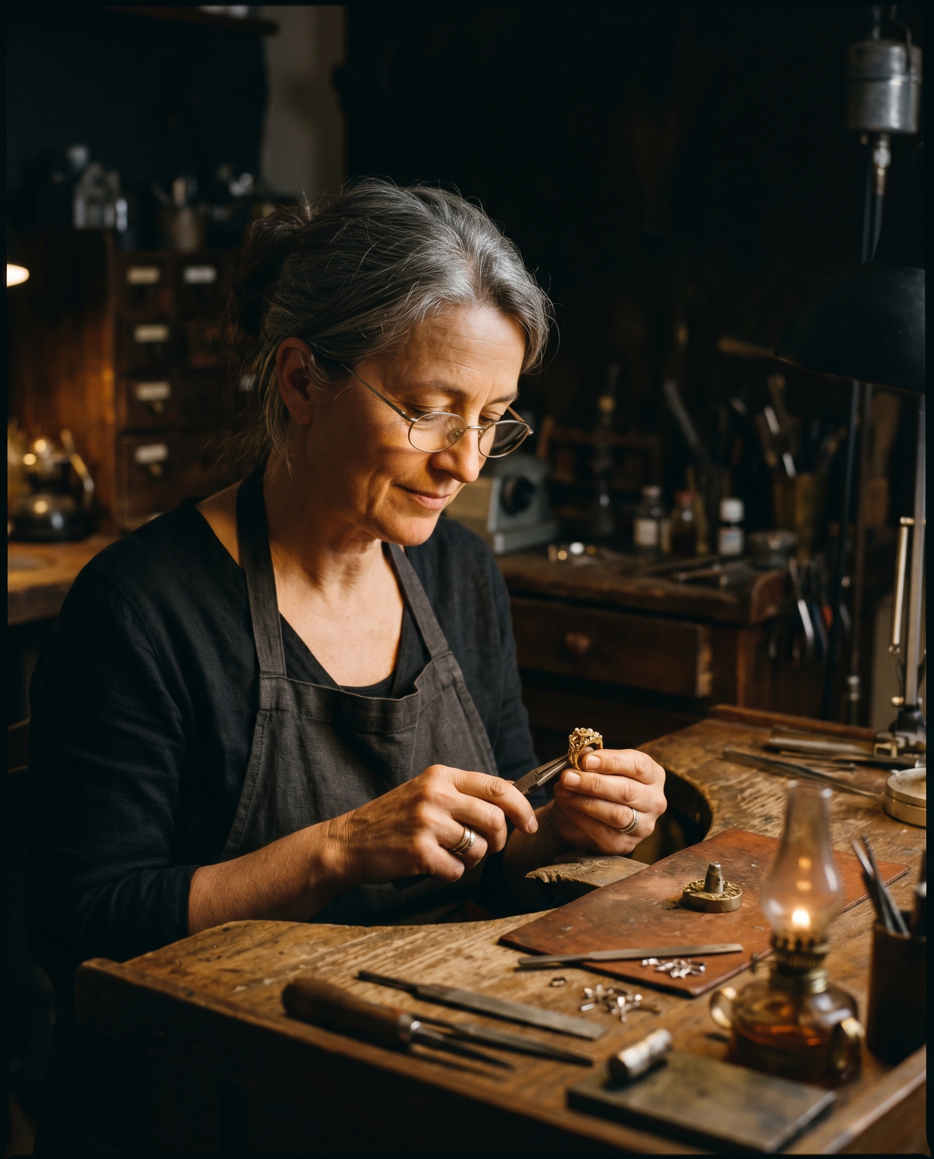 Goudsmid Inge Zegers aan het werk in haar atelier
